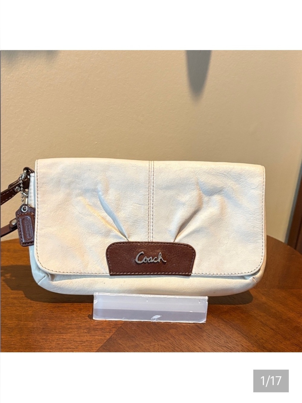 Coach Large Wristlet  leather Cream /Brown  Clutch  card holder full front flap